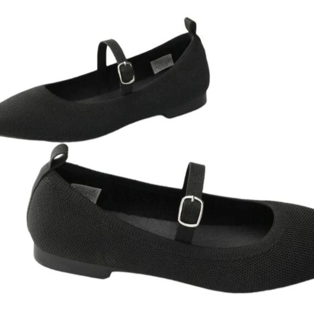 Burudani Black Knit Mary Jane Flats Women's Size 10 Comfort Slip-On Shoes Pointy
